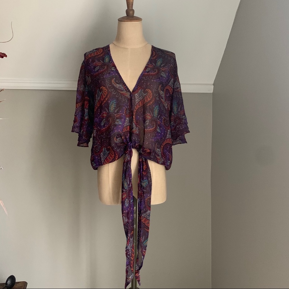 Paisley flutter sleeve tie front button down top